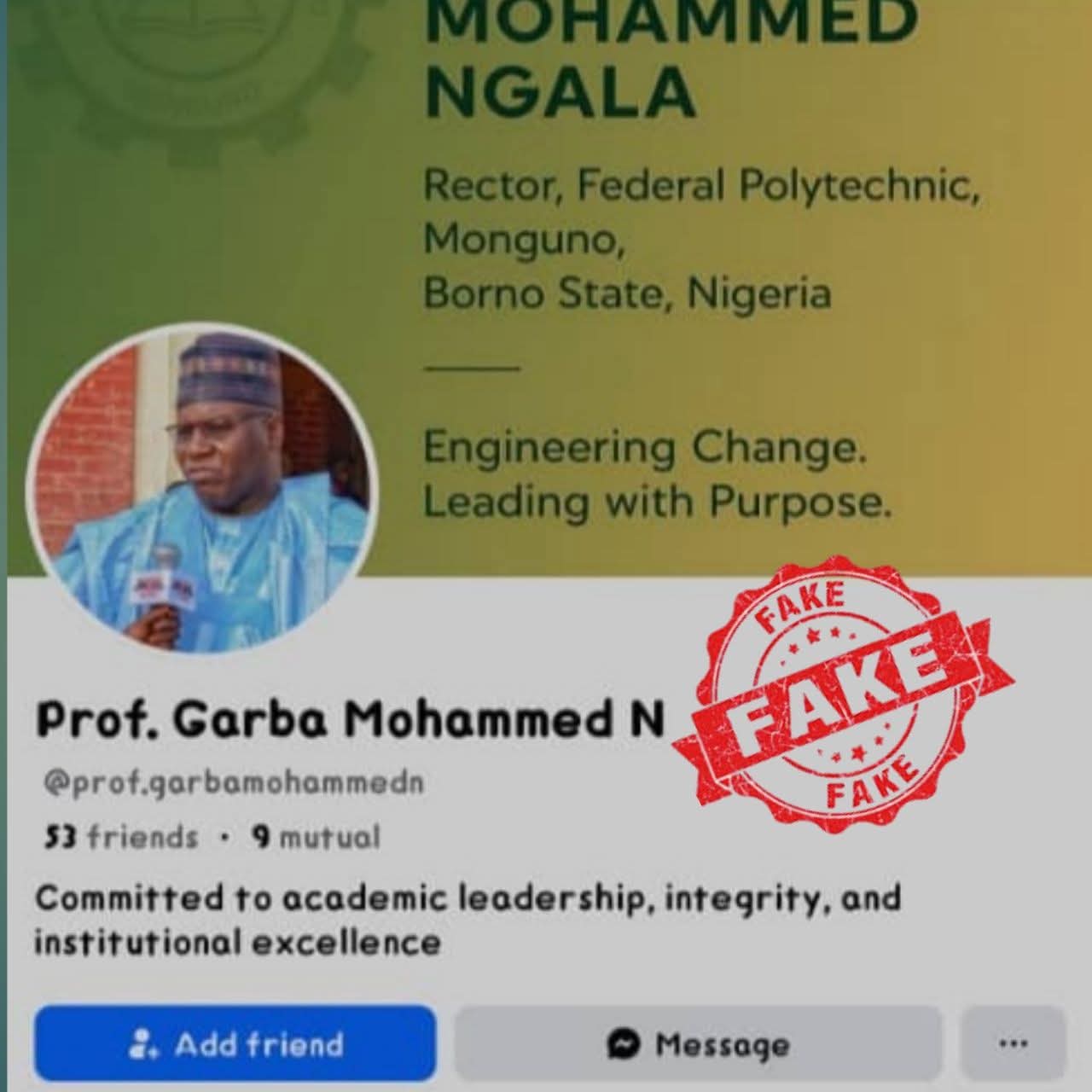 FedPoly Monguno alerts public on fake Facebook account in rector’s name FedPoly Monguno alerts public on fake Facebook account in rector’s name